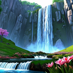 **Aion landscape with vibrant textures and detailed environment, bloom effect highlighting a majestic waterfall, high texture quality.** (Focuses on visual fidelity and specific effects).