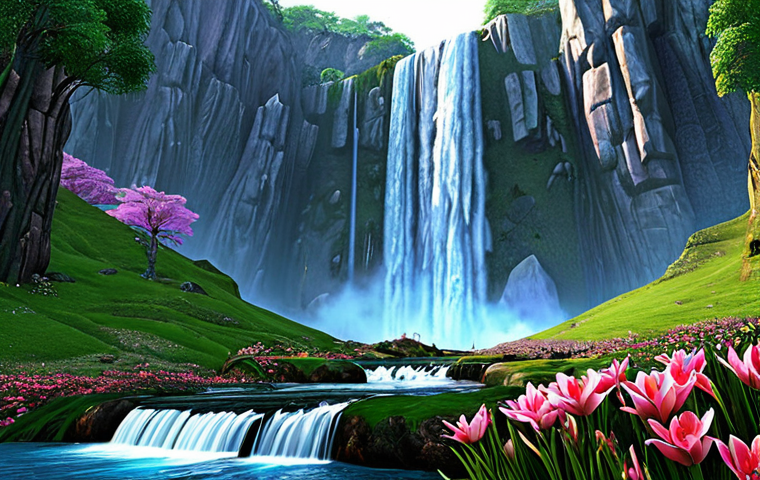 **Aion landscape with vibrant textures and detailed environment, bloom effect highlighting a majestic waterfall, high texture quality.** (Focuses on visual fidelity and specific effects).