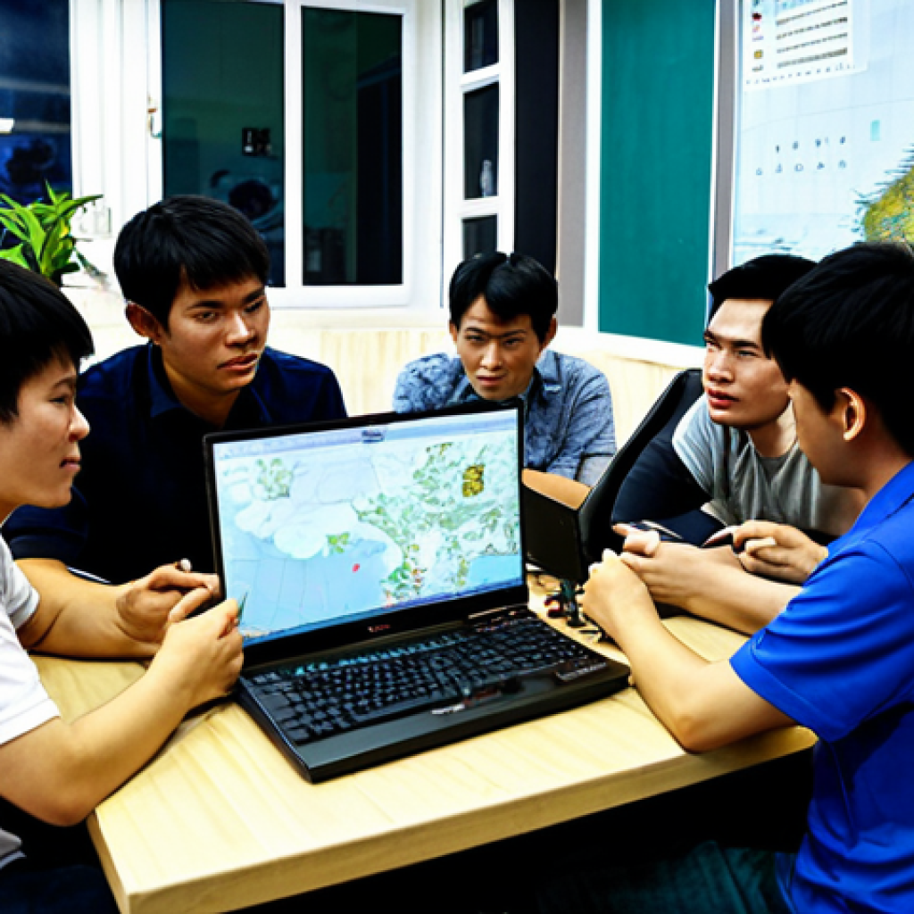 Strategic Planning Session** "A group of Vietnamese gamers, fully clothed in casual attire, gathered around a table strategizing for an Aion fortress siege. Maps and strategy notes are spread out. The atmosphere is focused and collaborative. The setting is a brightly lit internet cafe in Hanoi. Safe for work, appropriate content, professional gaming environment, perfect anatomy, correct proportions, natural pose, well-formed hands, proper finger count, natural body proportions, professional." **