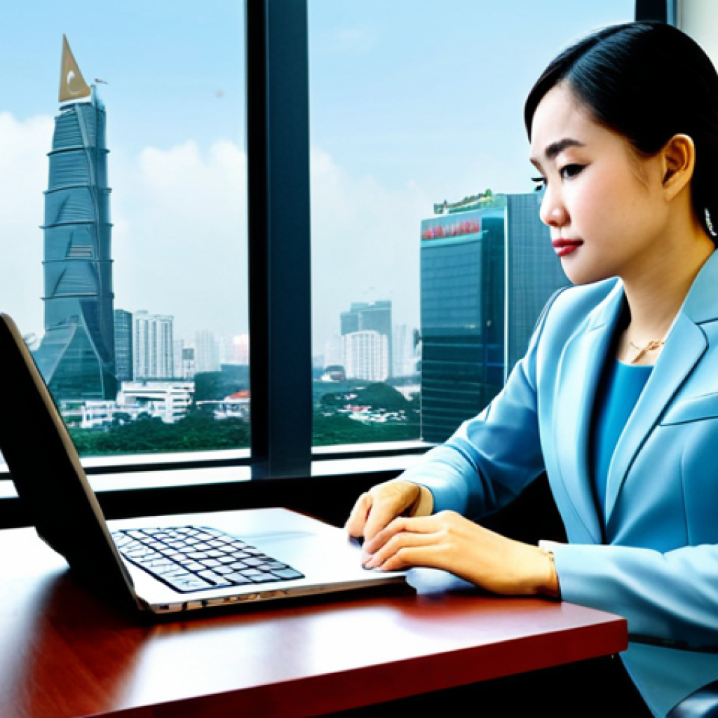 Modern Vietnamese Businesswoman** A professional Vietnamese businesswoman in a modest ao dai-inspired business suit, working on a laptop at a sleek desk in a Ho Chi Minh City office with a view of the Bitexco Financial Tower. Fully clothed, appropriate attire, safe for work, perfect anatomy, natural proportions, professional photography, high quality. **
