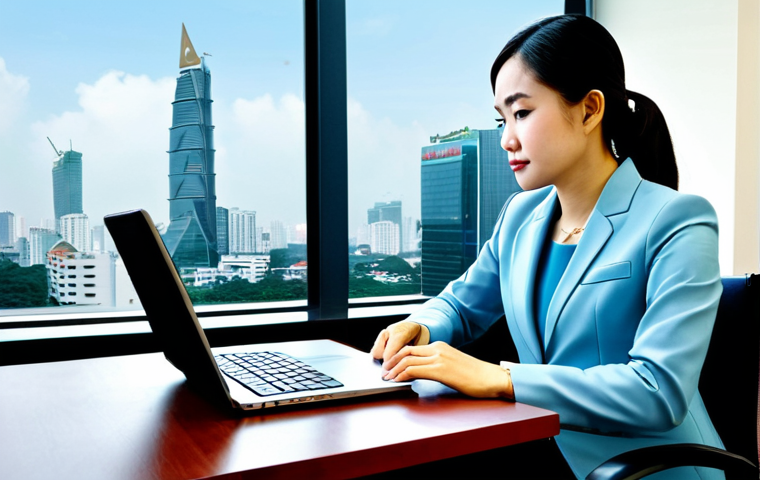 Modern Vietnamese Businesswoman** A professional Vietnamese businesswoman in a modest ao dai-inspired business suit, working on a laptop at a sleek desk in a Ho Chi Minh City office with a view of the Bitexco Financial Tower. Fully clothed, appropriate attire, safe for work, perfect anatomy, natural proportions, professional photography, high quality. **