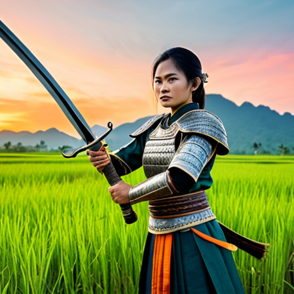 Female Warrior in Traditional Armor** "A strong, beautiful Vietnamese warrior woman standing proudly in a rice paddy field at sunset, fully clothed in detailed, ornate traditional armor (Áo giáp), holding a curved sword (Kiếm). Her face is determined and serene. Background features lush green rice paddies, distant mountains, and a vibrant orange and pink sky. Perfect anatomy, correct proportions, natural pose, well-formed hands, proper finger count. Professional photography, high quality, safe for work, appropriate content, fully clothed, modest, family-friendly." **