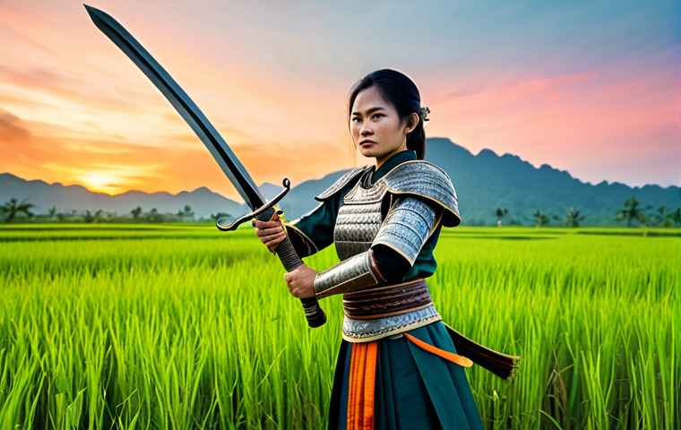 Female Warrior in Traditional Armor** "A strong, beautiful Vietnamese warrior woman standing proudly in a rice paddy field at sunset, fully clothed in detailed, ornate traditional armor (&Aacute;o gi&aacute;p), holding a curved sword (Kiếm). Her face is determined and serene. Background features lush green rice paddies, distant mountains, and a vibrant orange and pink sky. Perfect anatomy, correct proportions, natural pose, well-formed hands, proper finger count. Professional photography, high quality, safe for work, appropriate content, fully clothed, modest, family-friendly." **
