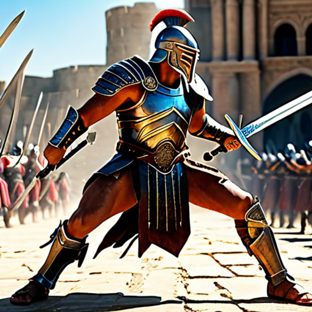 Gladiator in Action** "A fully clothed Gladiator warrior in a dynamic battle pose, wielding dual swords with swiftness and precision, appropriate attire, safe for work. Background: A vibrant battlefield scene with other fully armored warriors. Perfect anatomy, correct proportions, natural pose, professional digital art, family-friendly." **