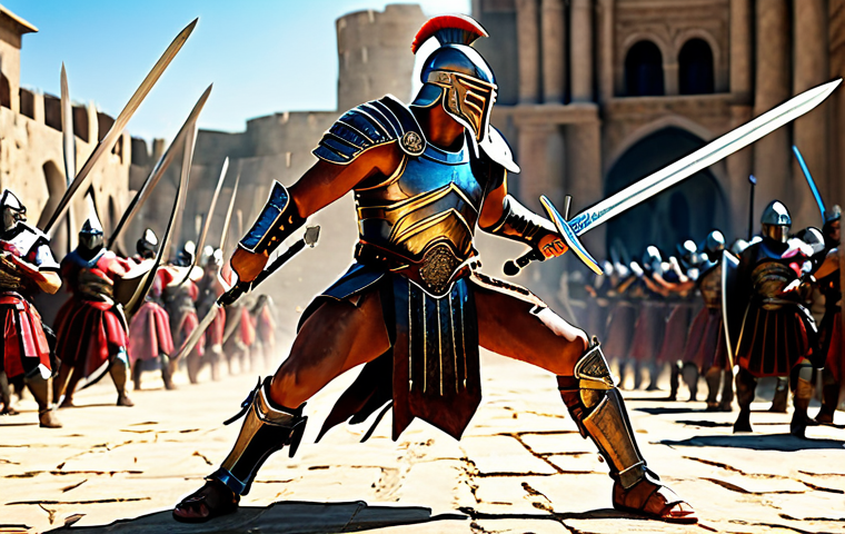 Gladiator in Action** "A fully clothed Gladiator warrior in a dynamic battle pose, wielding dual swords with swiftness and precision, appropriate attire, safe for work. Background: A vibrant battlefield scene with other fully armored warriors. Perfect anatomy, correct proportions, natural pose, professional digital art, family-friendly." **