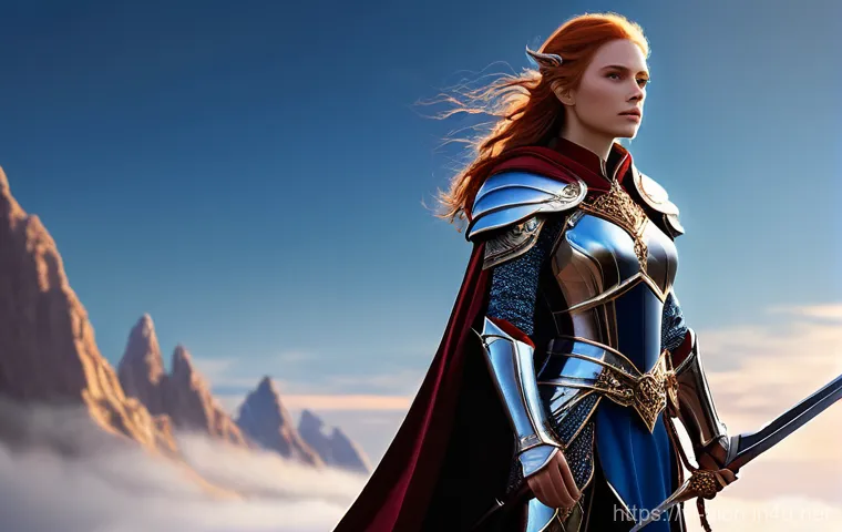 아이온 캐릭터 코스튬 획득 - **Prompt 1: "A regal female elf warrior, standing confidently on a mountaintop overlooking a vast, f...