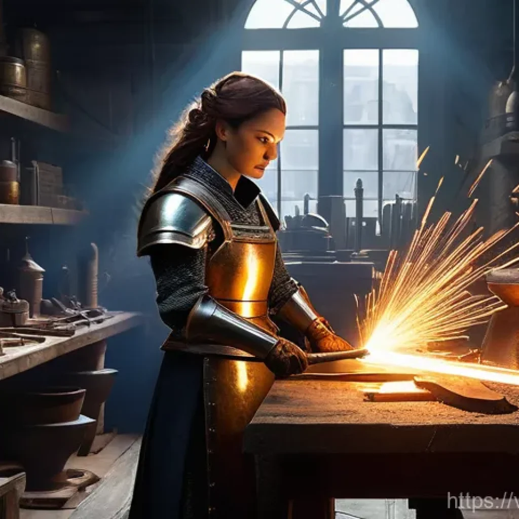 아이온 제작 기술 올리기 - **Prompt 1: Elite Armorsmith at Work** "An exquisitely detailed full shot of a skilled Elyos fem...