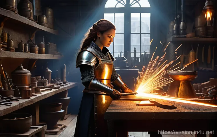 아이온 제작 기술 올리기 - **Prompt 1: Elite Armorsmith at Work** "An exquisitely detailed full shot of a skilled Elyos fem...