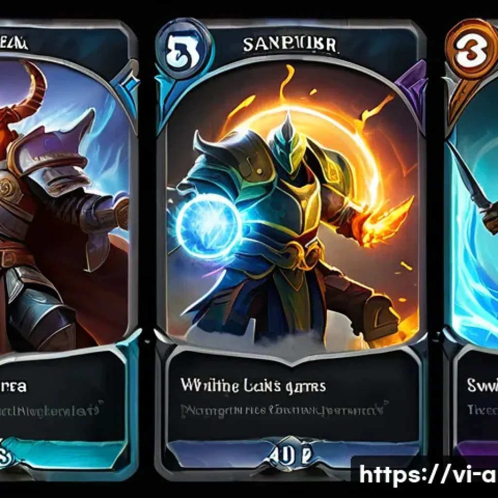 아이온 몬스터 카드 시스템 - A dynamic battle scene featuring a team of fantasy monster cards in action, each card glowing with d...