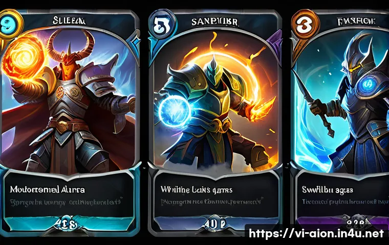 아이온 몬스터 카드 시스템 - A dynamic battle scene featuring a team of fantasy monster cards in action, each card glowing with d...