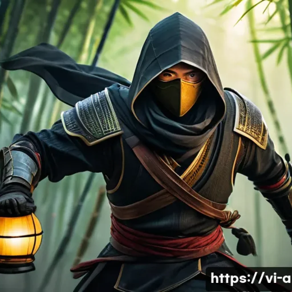 아이온 살성 스킬 트리 - A skilled assassin character in sleek dark tactical armor with subtle Vietnamese cultural motifs, po...