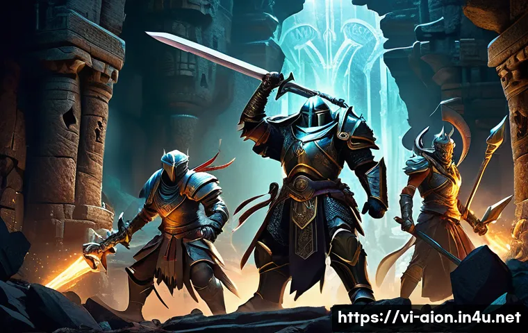 아이온 업적 포인트 효율 - A dynamic fantasy battle scene featuring a group of diverse adventurers in detailed armor, fighting ...