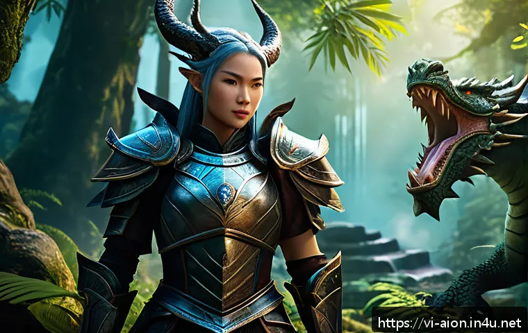 아이온 업적 시스템 - A dynamic MMORPG battle scene featuring a diverse group of adventurers in detailed fantasy armor and...