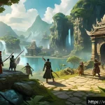 Home 19 아이온 데일리 퀘스트 - A dynamic fantasy RPG scene showing a diverse group of adventurers cooperating to complete daily que...