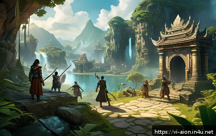 아이온 데일리 퀘스트 - A dynamic fantasy RPG scene showing a diverse group of adventurers cooperating to complete daily que...