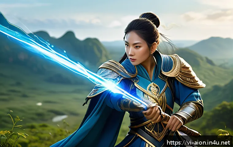 아이온 세력 선택 기준 - A dynamic battle scene featuring an Elyos mage character clad in elegant, ornate light armor with gl...