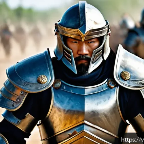 Home 17 아이온 클래스별 PvP - A powerful warrior clad in detailed, sturdy armor with visible battle scars, standing firmly in a dy...
