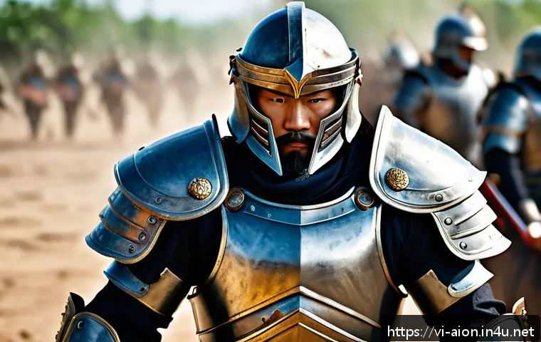 아이온 클래스별 PvP - A powerful warrior clad in detailed, sturdy armor with visible battle scars, standing firmly in a dy...