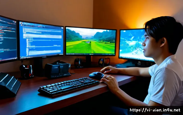 아이온 서버 이벤트 분석 - Photorealistic Vietnamese gaming analyst at a clean home office desk in Ho Chi Minh City, studying c...